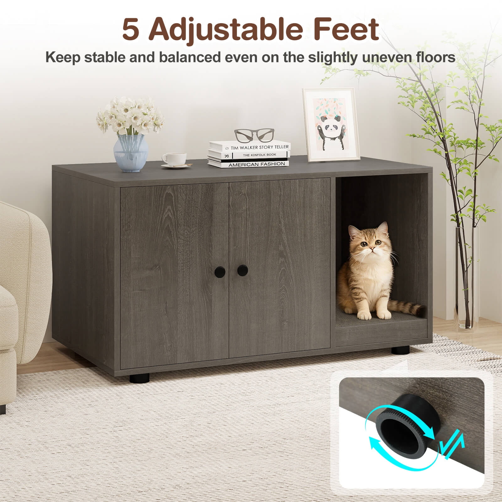 Costway Wooden Cat Litter Box Enclosure, Hidden Litter Box Furniture with Scratching Board Oak