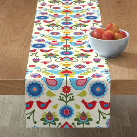 

Cotton Sateen Table Runner 72 - Scandinavian Birds Blooms Nursery Floral Folk Art Colourful Print Custom Table Linens by Spoonflower