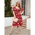 thumbnail image 2 of FlorCurve Plus Size Dresses for Women Square Neck Puff Sleeve Midi Dresses Smocked Floral Print Boho Dresses with Pockets, Red XL, 2 of 7