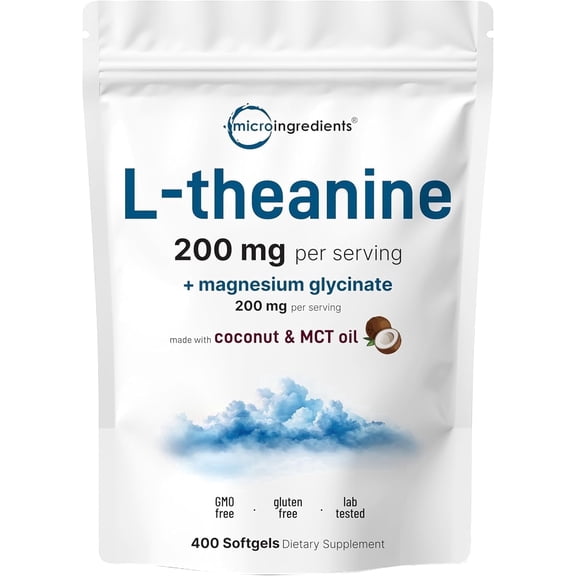 Micro Ingredients L-Theanine 200mg with Magnesium Glycinate, 400 Coconut MCT Oil Softgels | 2-in-1 Amino Acid & Mineral Complex, Relaxation, Focus & Muscle Support