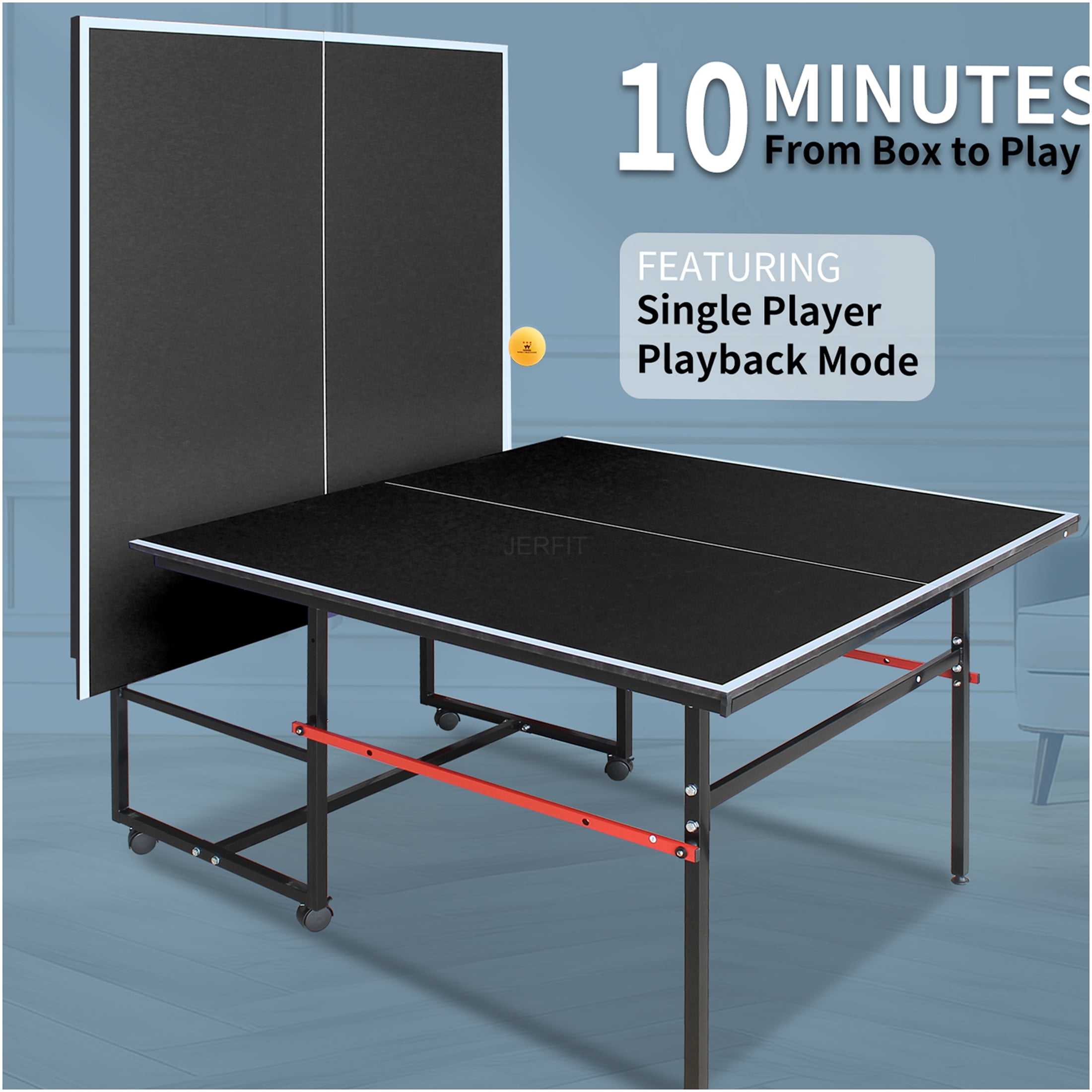 JERFIT 8ft Foldable Ping Pong Table Set with Net, Paddles & Balls for Indoor Outdoor Games, Mid-Size MDF Top on Aluminum Frame, Portable Design for Home & Office Use