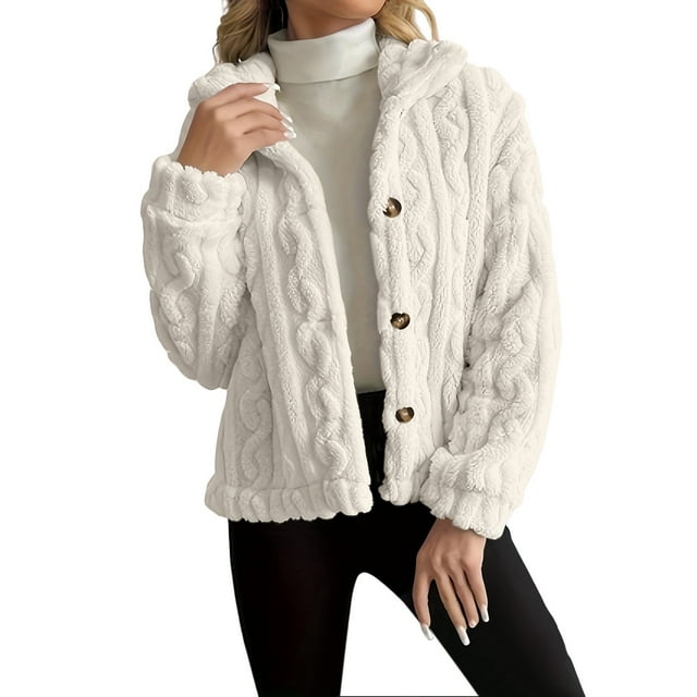 Breezora Women's Reversible Fleece Coat Winter Warm Stand Collar Button Down Twisted Design Jacket XXL Size White