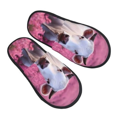 

KLL Flower Field Cow Slippers for Women Men House Slip on Indoor Outdoor Bedroom Furry Fleece Lined Ladies Comfy Anti-Skid Rubber Hard Sole-Medium
