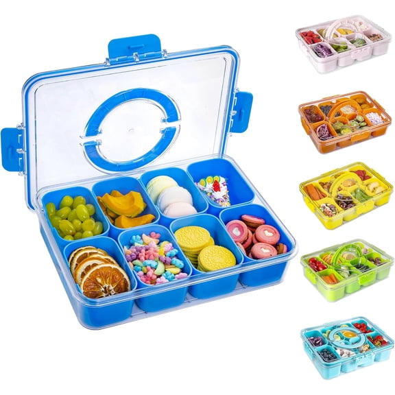Travel Snackle Charcuterie Container with Lid and Handle, Divided Snack Serving Tray, Portable Storage Organizer for Candy, Fruits, Nuts, Snacks, Party, Picnic