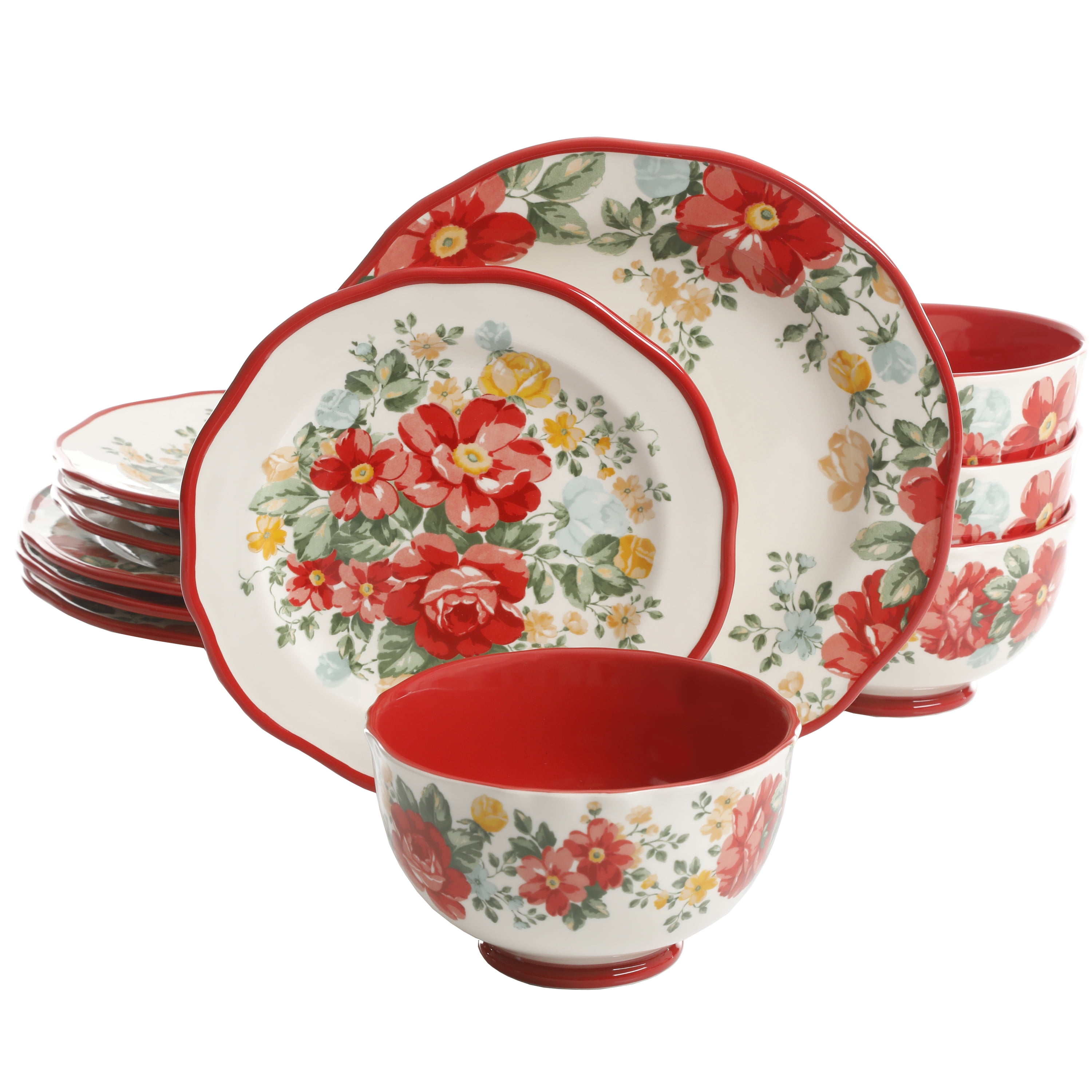 Woman 12 Pieces Dinnerware Set Floral Dishes Ceramic Plates Bowl Plate Bowls Set 