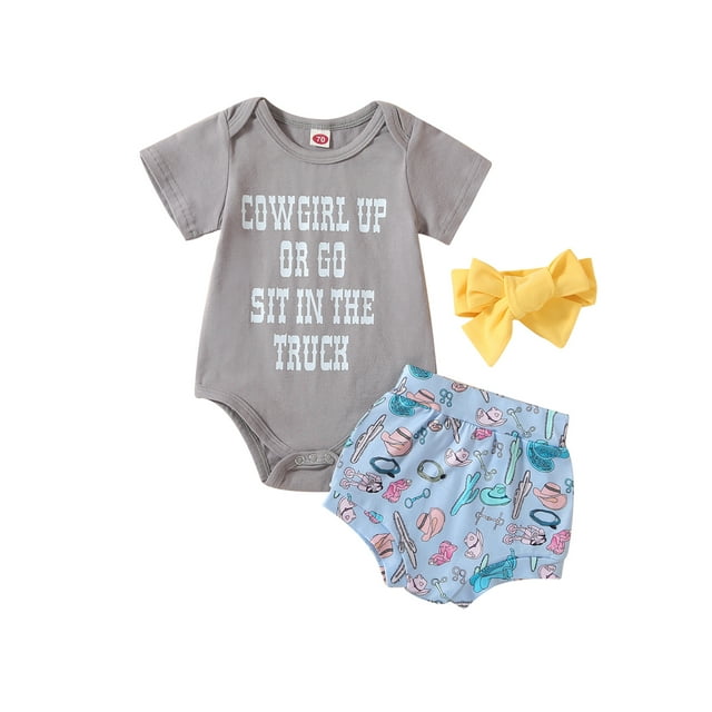 xiaxaixu Bébé Fille Vêtements Costumes Lettre Impression Manches Courtes Col Rond Vache / Cowboy Chapeau Impression Short Bandeau 3Pcs Ensemble