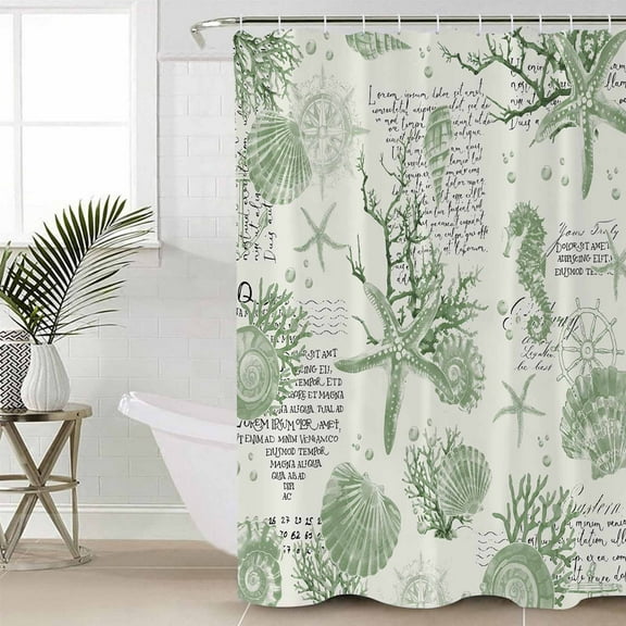 Sage Green Starfish Bathroom Curtain 72 Inch Shower Curtain with Hooks, Coastal Nautical Coral Rudder Shell Waterproof Polyester Bath Curtain Washable Bathtub Curtain 72''x 72''
