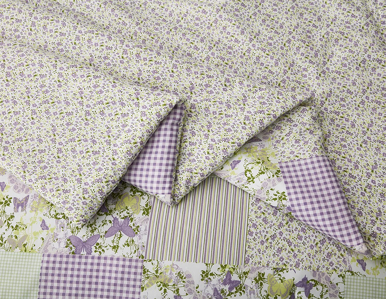 Chezmoi Collection Daisy 3-Piece Printed Patchwork Comforter Set, Purple Butterfly Botanical Candy Stripe Checkered Lightweight Reversible Microfiber Bedding, Twin Size