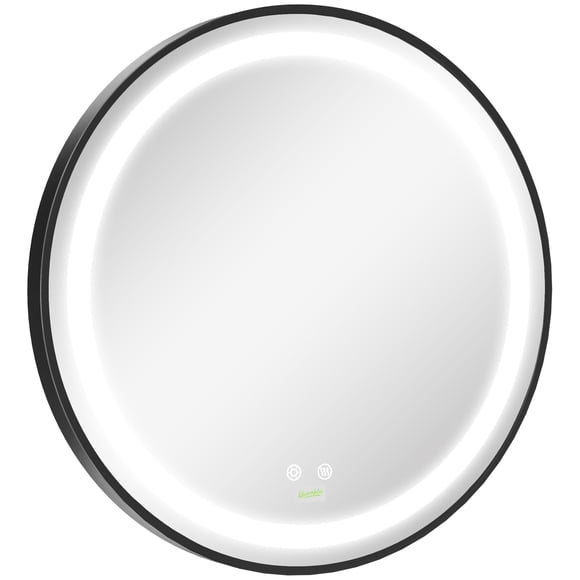 28 Inch Round LED Bathroom Mirror with Black Frame, Dimmable Lighted Vanity Mirror, Anti-Fog Defogger, 3 Color Temperatures, Plug-in Wall Mirror for Bathroom, Bedroom and Entryway