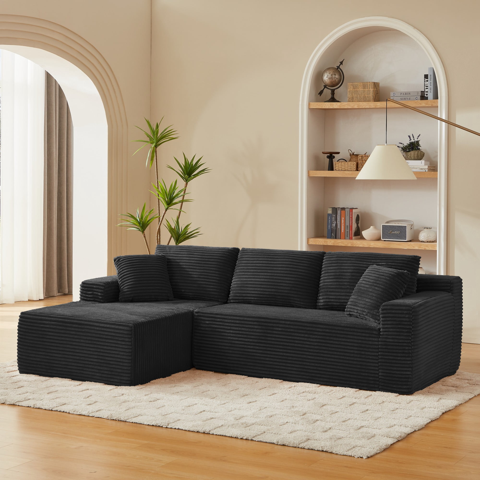 Aukfa 103" Modular Cloud Sectional Sofa, L-Shaped Boneless Couch with Left-Facing Chaise, Deep Seat Corduroy Sleeper Sofa for Living Room, Black