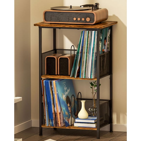 Record Player Stand 3-Tier, Vinyl Record Storage up to 200 Albums, Record Player Table with Smooth Wood Top, Fits Most Phonographs, Turntable Stand & Bedside Nightstand, Space-Saving