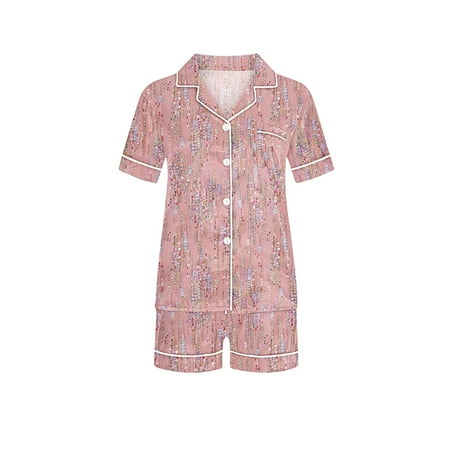 

Meresysid Kids Infant Toddler Children Casual Solid Turndown Collar Short Sleeve Blouse Short Pants Pajamas Suit Pink