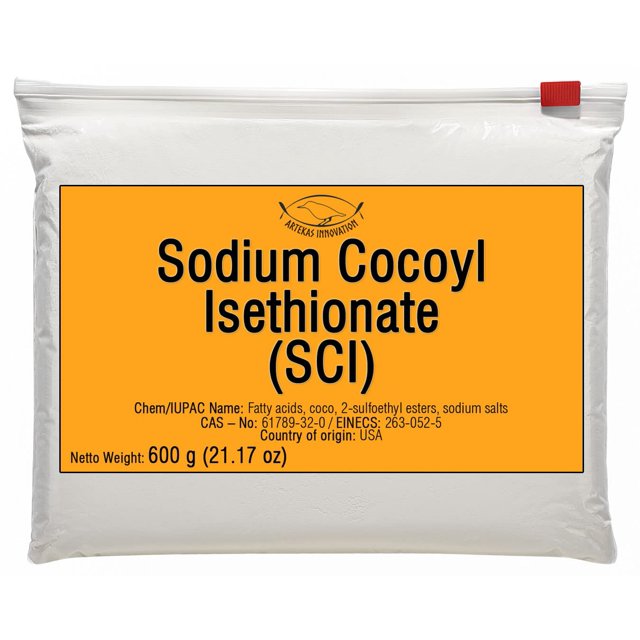Artekas Innovation - Isetionato de cocoilo de sodio (SCI) - Polvo - Surfactante espumoso - para barras de champú sólidas caseras Bombas de baño Productos espumosos y burbujeantes - 21.17 oz