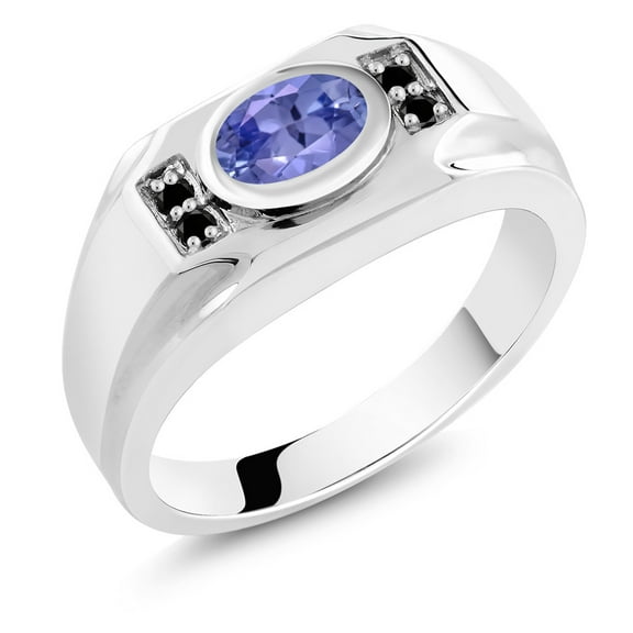 Gem Stone King Men's 925 Sterling Silver Blue Tanzanite and Black Diamond Ring (1.29 Cttw, Gemstone December Birthstone, Oval 8X6MM,, Size 8)