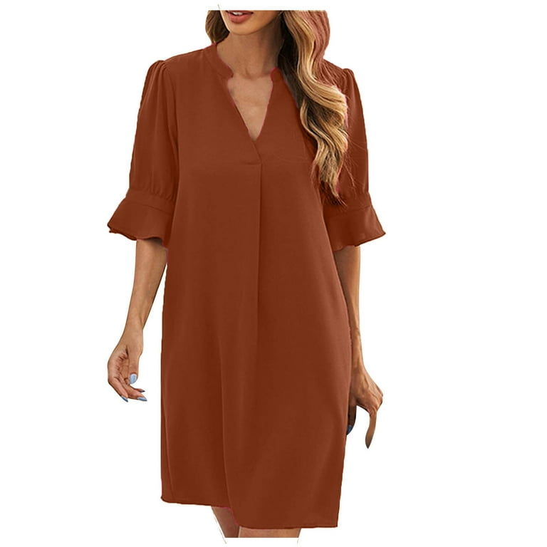 Blczomt Brown Winter Dresses for Women Elbow Sleeve Dressy Formal Dresses V Neck Trendy Solid Color Midi Dress, Women's, Size: 4,6,8,10,12,14,16,18,20