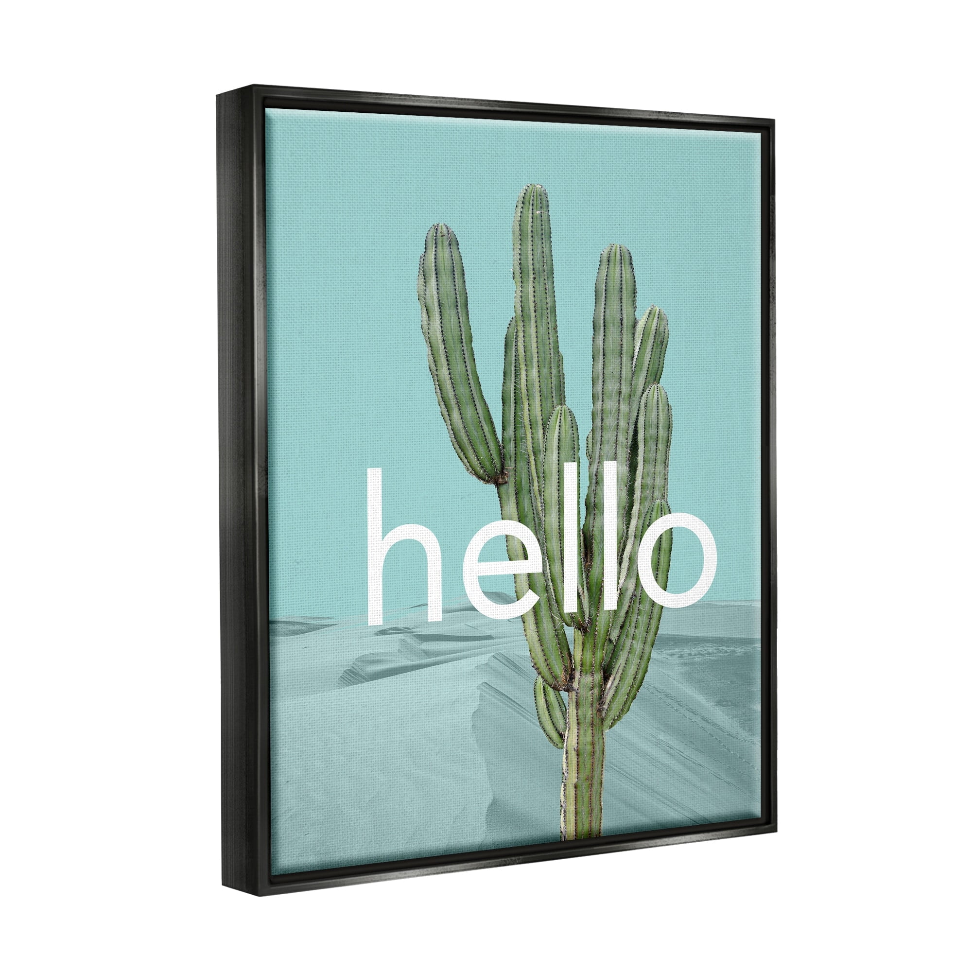 Stupell Industries Bold Hello Cactus Greeting Blue Desert Dunes Graphic Art Jet Black Floating Framed Canvas Print Wall Art, Design by J. Weiss