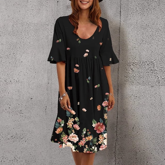 SMihono Robe d'Été Grande Taille pour Femmes 2023 Mode Femmes Rétro Fleurs Brisées Volants Manches Courtes Confortable Robe Décontractée