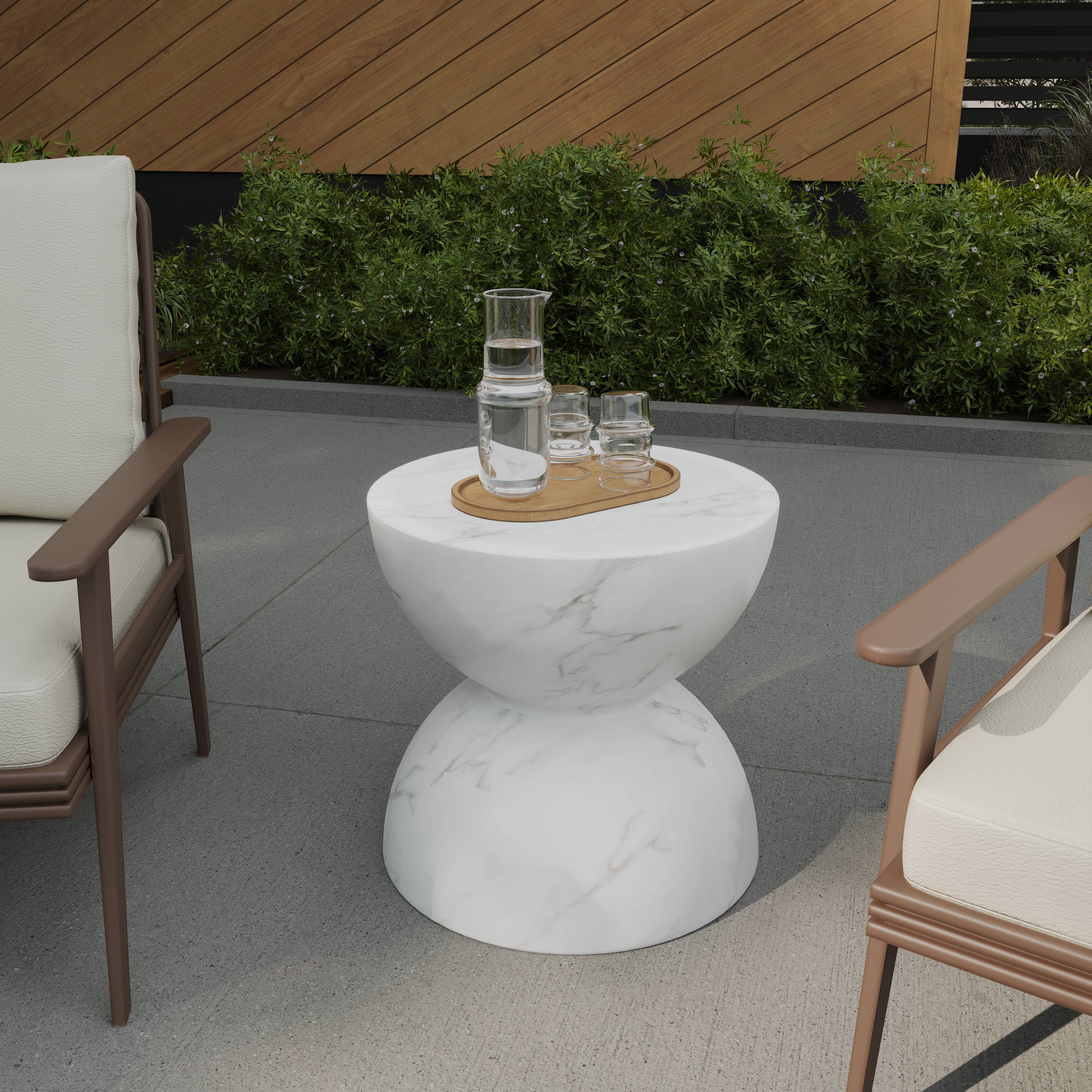 LeisureMod Minimalist Side Table, Fiber stone Round Hourglass Accent End Table Stool for Outdoor Patio, Indoor Home, Living Room Sofa, Weather-Resistant, Sage Series in Marbled White