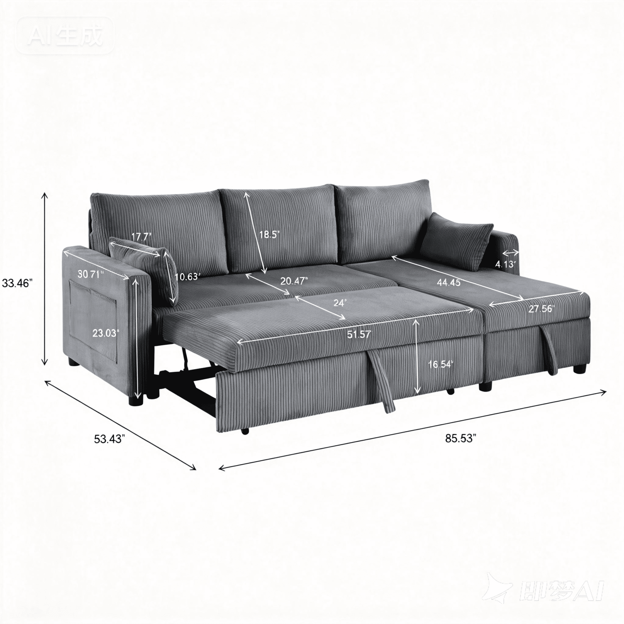BSHTI L-Shaped Pull-Out Sleeper Sofa Bed with Storage Chaise, 3-Seater Convertible Corduroy Sectional Couch, Solid Wood & Iron Frame, Dark Gray