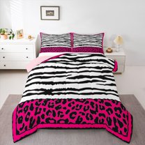 Homewish Abstract Zebra Pattern Bedding Comforter Set,Safari Leopard Print Twin Comforter Sets,Hotpink Black White Bedding Set For Girl Kids,Super Cozy Room Decor Reversible,2pcs