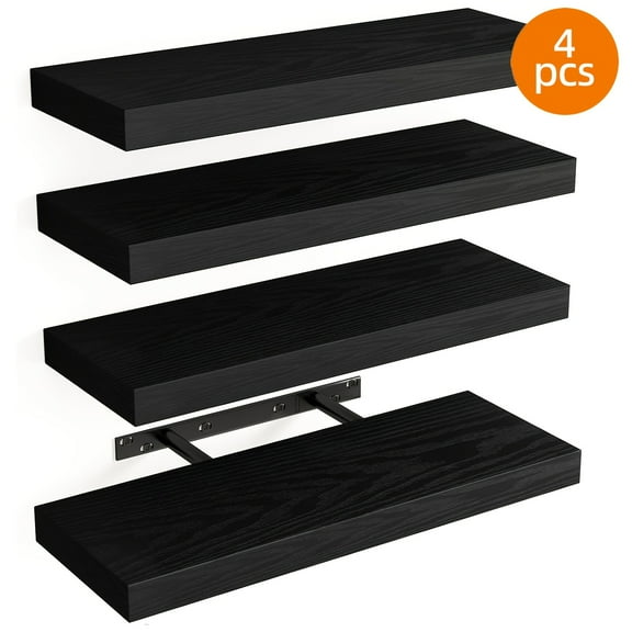 4-Pack Floating Wall Shelves Set, Sturdy Wooden Wall-Mounted Shelves for Living Room, Bedroom, Bathroom & Closet in Multiple Colors