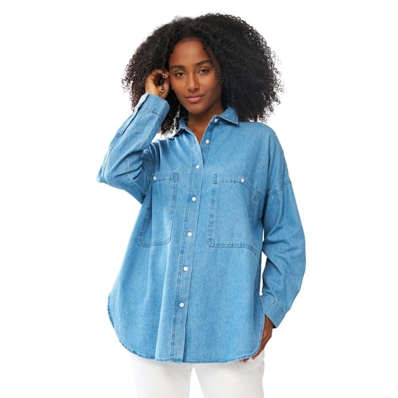 Ellos Plus Size 100% Cotton Denim Oversized Button-Front Collared Shirt