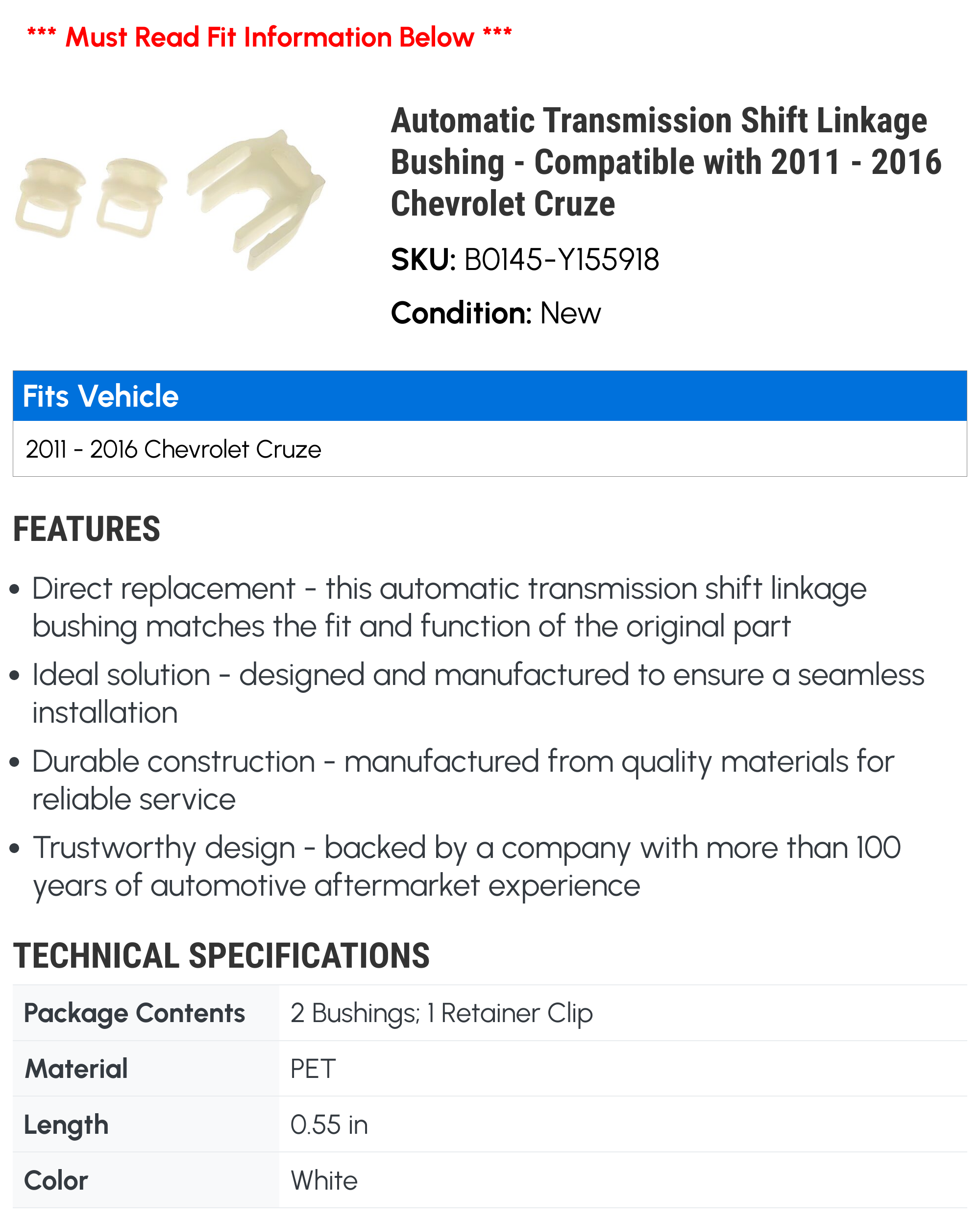 Automatic Transmission Shift Linkage Bushing - Compatible with 2011 - 2016 Chevy Cruze 2012 2013 2014 2015