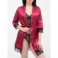 thumbnail image 2 of Gustave Women Silk Satin Pajama Set 4Pcs Sexy Lingerie Floral Lace Trim Cami Long Sleeve Robe with Shorts Sleepwear Nightgown Nightwear "Red, M", 2 of 6