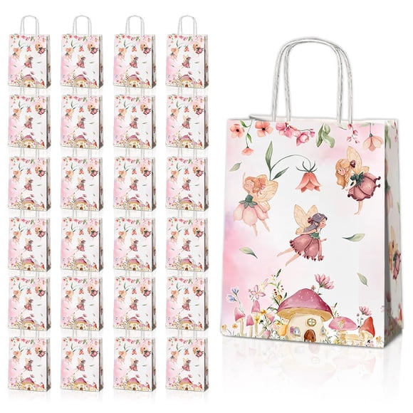 JOYGATHER - 24 bolsas de regalo de fiesta de hadas con asas, bolsas de papel para regalo de hongos Woodland para niños, niñas, baby shower, fiesta de cumpleaños