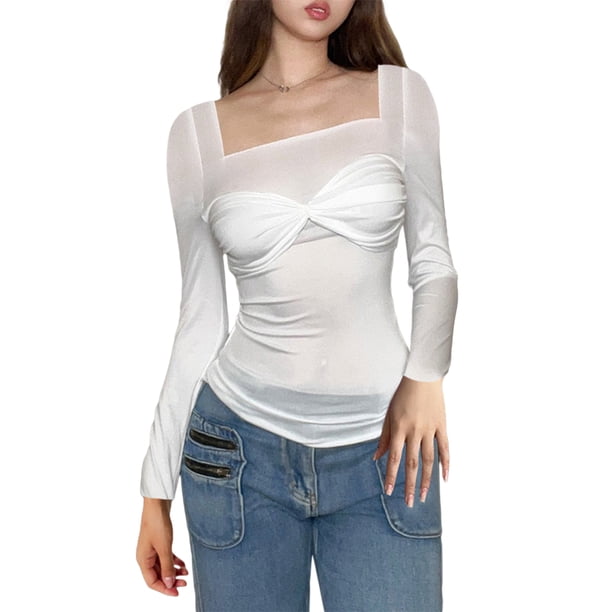 Txlixc Blusa de oveja de primavera y otoño femenina camisa plisada ajustada de manga larga blanca y cuello cuadrado Txlixc moda