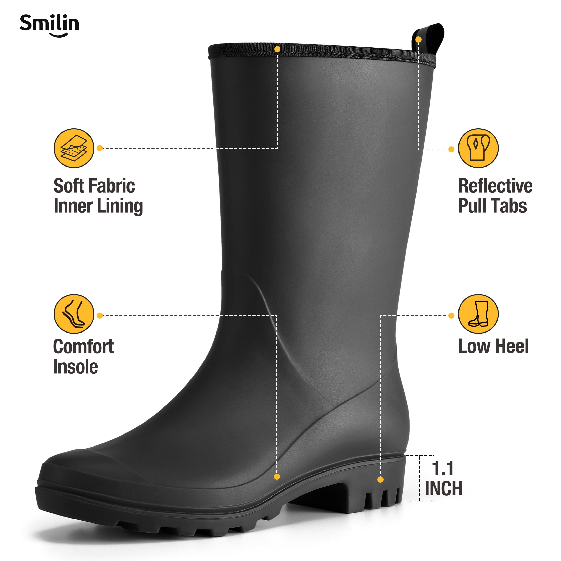 SMILIN Rubber Wide Calf Rain Boots for Women, Black, Size 9.5