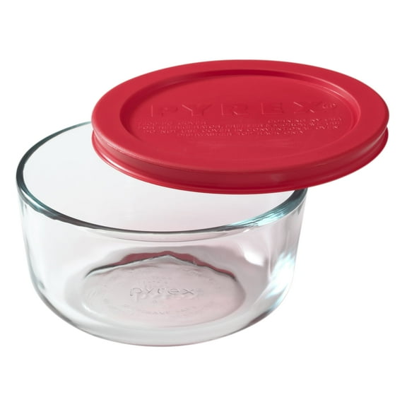 Pyrex 2-cup Round  Glass Food Storage Container with Red Plastic Lid