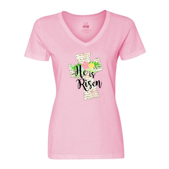 Inktastic He is Risen Cross with Script and Flowers Women's V-Neck T-Shirt