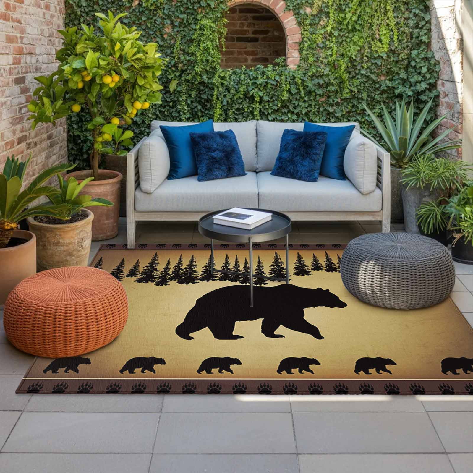 Black Bear Outdoor Rug for Patio/Deck/Porch, Non-Slip Large Area Rug 4 x 6 Ft, Vintage Animals Farmhouse Pine Brown Forest Indoor Outdoor Rugs Washable Area Rugs, Reversible Camping Rug Carpet Runner