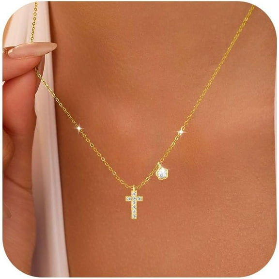 Cross Necklace for Women Mom 925 Sterling Silver Dainty Cute Flower Necklace 14K Gold Plated CZ Floral Cross Pendant Simple Charm Chain Jesus Faith Halloween Christmas Jewelry Gifts for Her