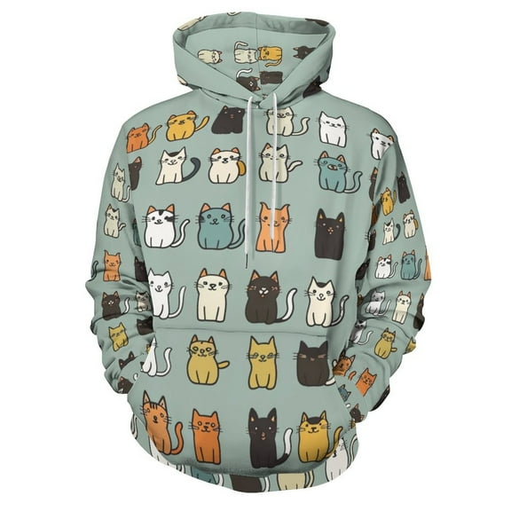 POBUDS Hoodie, Regular Fit Sporty Pullover Hooded Sweatshirt for Men Women Cute Cat Doodle S