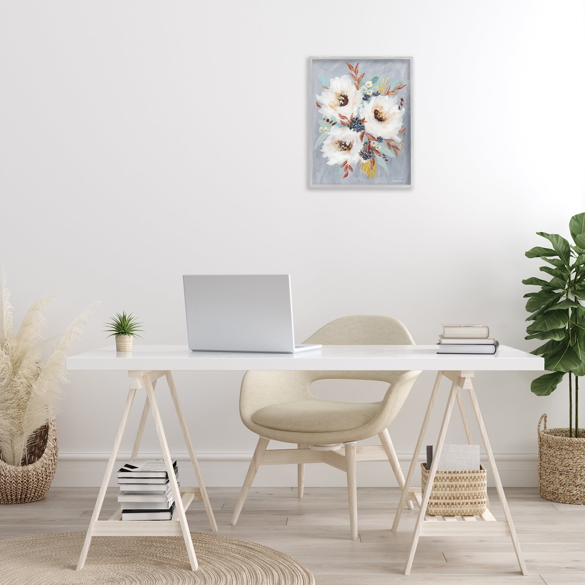 Stupell Industries White Flowers Trio Botanical & Floral Painting Gray Framed Art Print Wall Art, 16 x 20