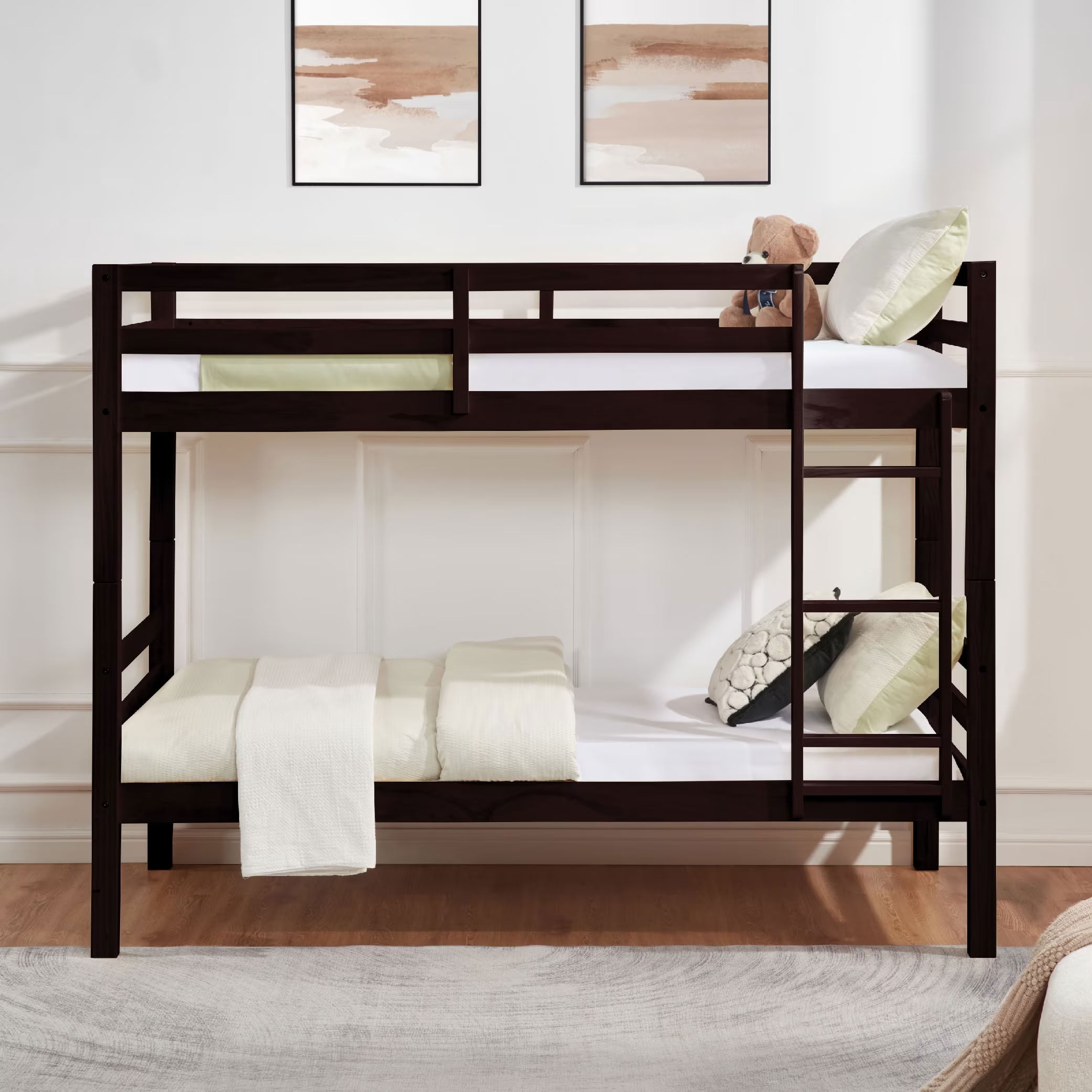 MAYEERTY Twin over Twin Wooden Bunk Bed with High Guardrail and Ladder, Heavy Duty Slat Support for Kids Teens Dorm Rooms Guest Rooms, No Box Spring Needed