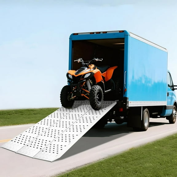 Aluminum Motorcycle Tri-fold Ramp for Pickup Truck, 1500 lbs Capacity Loading, 77" L x 54" W Extra-Wide ATV/UTV Ramp with Treads for Lawn Mowers, Garden Tractors