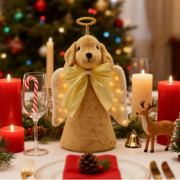cpengpj Gold Christmas Dog Angel Tree Topper Lighted with Warm White LED, Adjustable Brightness Star Decoration for Holiday Festivities
