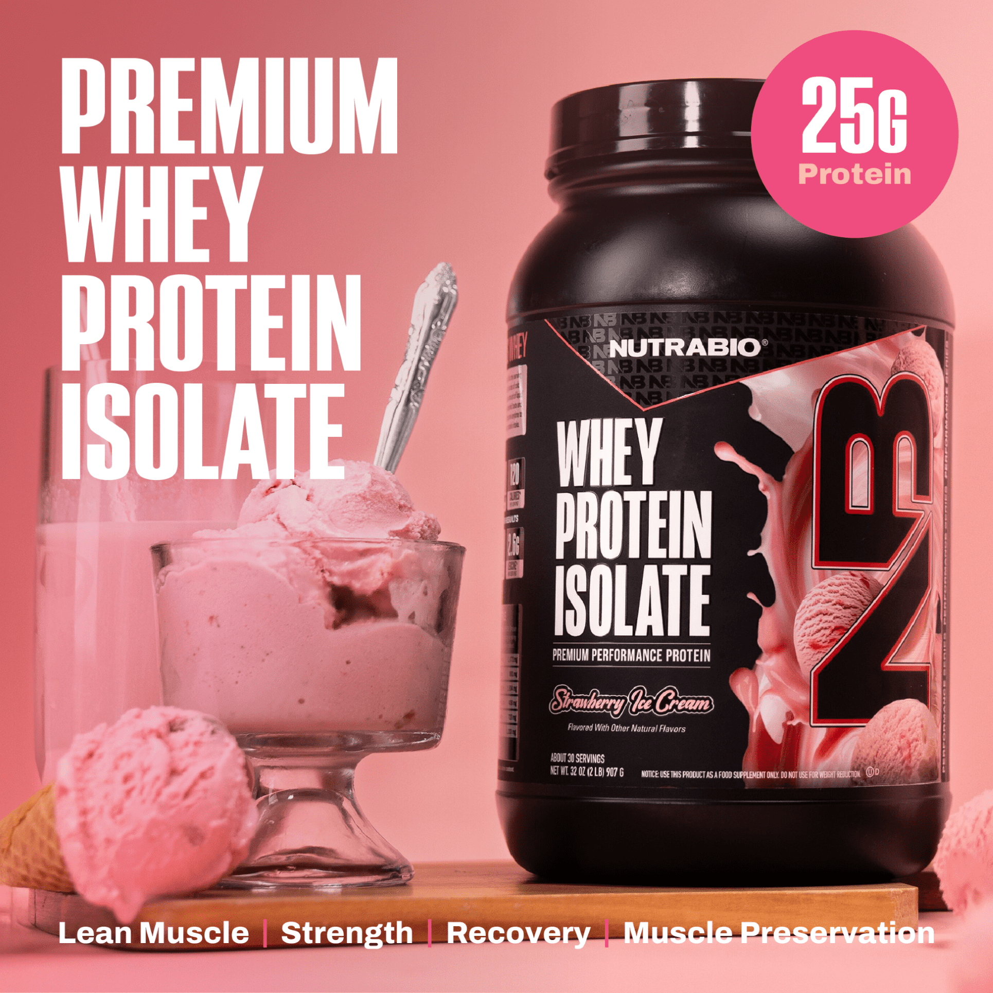 NutraBio 100% Whey Protein Isolate Protein Powder, 25g Protein with Complete Amino Acid Profile, Non-GMO, Soy & Gluten Free, Low Carb, Low Calorie Whey Protein Powder, Strawberry Ice Cream, 2 Lbs