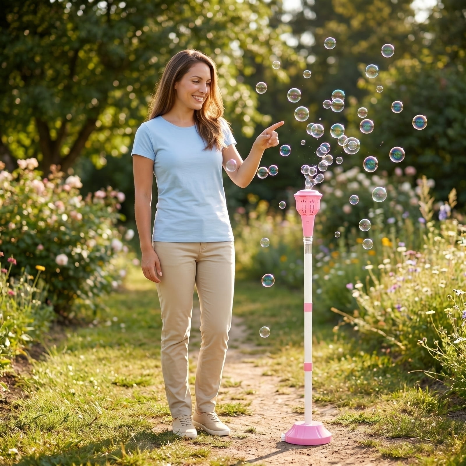 Standing Street Light Bubble Machine Rechargeable Automatic Electric Bubble Blower with Light & Music for Outdoor Camping Wedding Party Events with 1.69oz Bubble Solution(Pink-1pc)