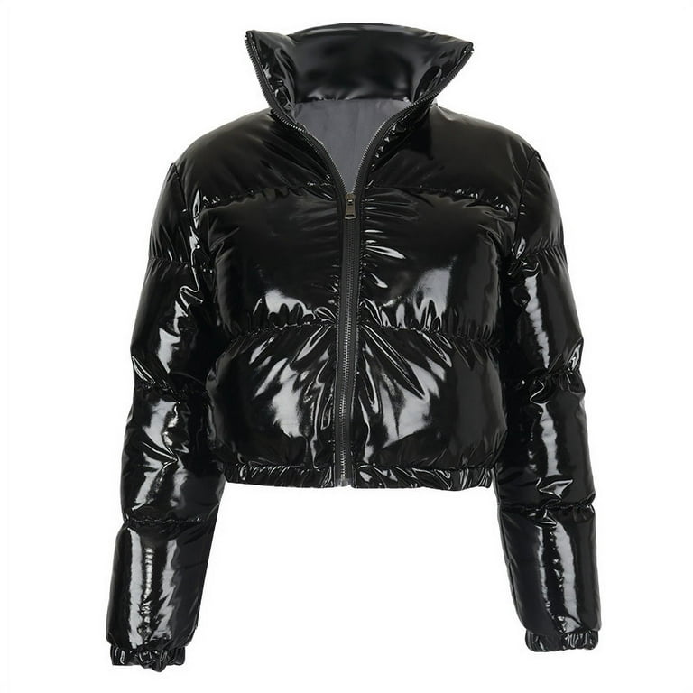 JGGSPWM Women's Cropped Puffer Jacket Women Winter Metallic Shiny Zip Up  Short Bubble Puffy Coats Black XL