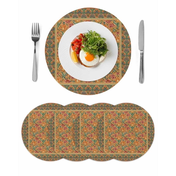 Brown Red Floral Boho Round 13 Inch Placemats Set of 4, Vintage Ethnic Tribe Abstract Art HeatResistant Non Slip Place Mats for Dining Table, Wipeable Braided Kitchen Table Mats for Housewarming