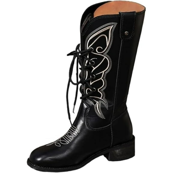 Vintage Westward Women's Boots - Embroidered Ankle-Lace Mid Calf Boot with Chunky Block Heel