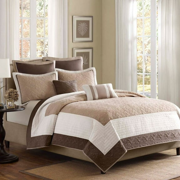 Cotton Bedding Set 7 Piece Quilt Set with Euro Shams and Throw Pillows Beige King/Cal King,Comforter Set