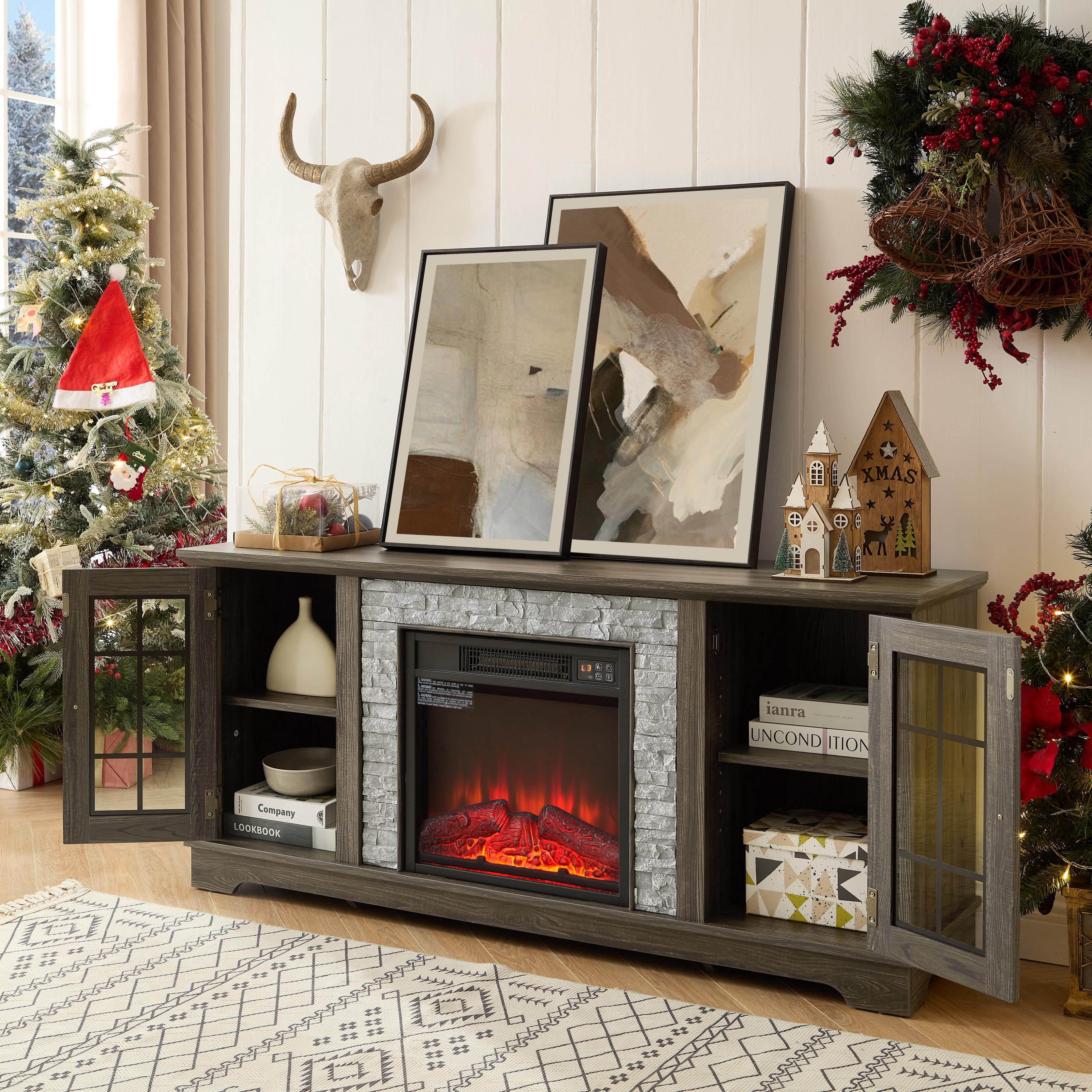 Fireplace TV Stand for TVs up to 65", Paproos Farmhouse TV Stand with 18" Electric Fireplace, Entertainment Center Televison Console Table with Realistic Stacked Stone & Adjustable Shelves, Grey