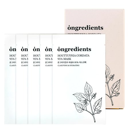 ONGREDIENTS Heartleaf 95% Sheet Mask, Instant Soothing Skin, Deep Moisturizing, Oil Control, Daily Korean Face Mask for Sensitive Skin, Vegan, Cruelty-Free, 5 EA SF1