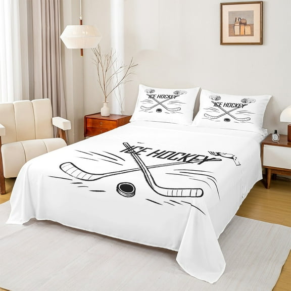 Manfei Boys Ball Game Twin Sheet Sets,Ice Hockey Lovers Twin Fitted Sheet,White Black Flat Sheet For Boys Kids,Microfiber Bedroom Decor,3 Pieces