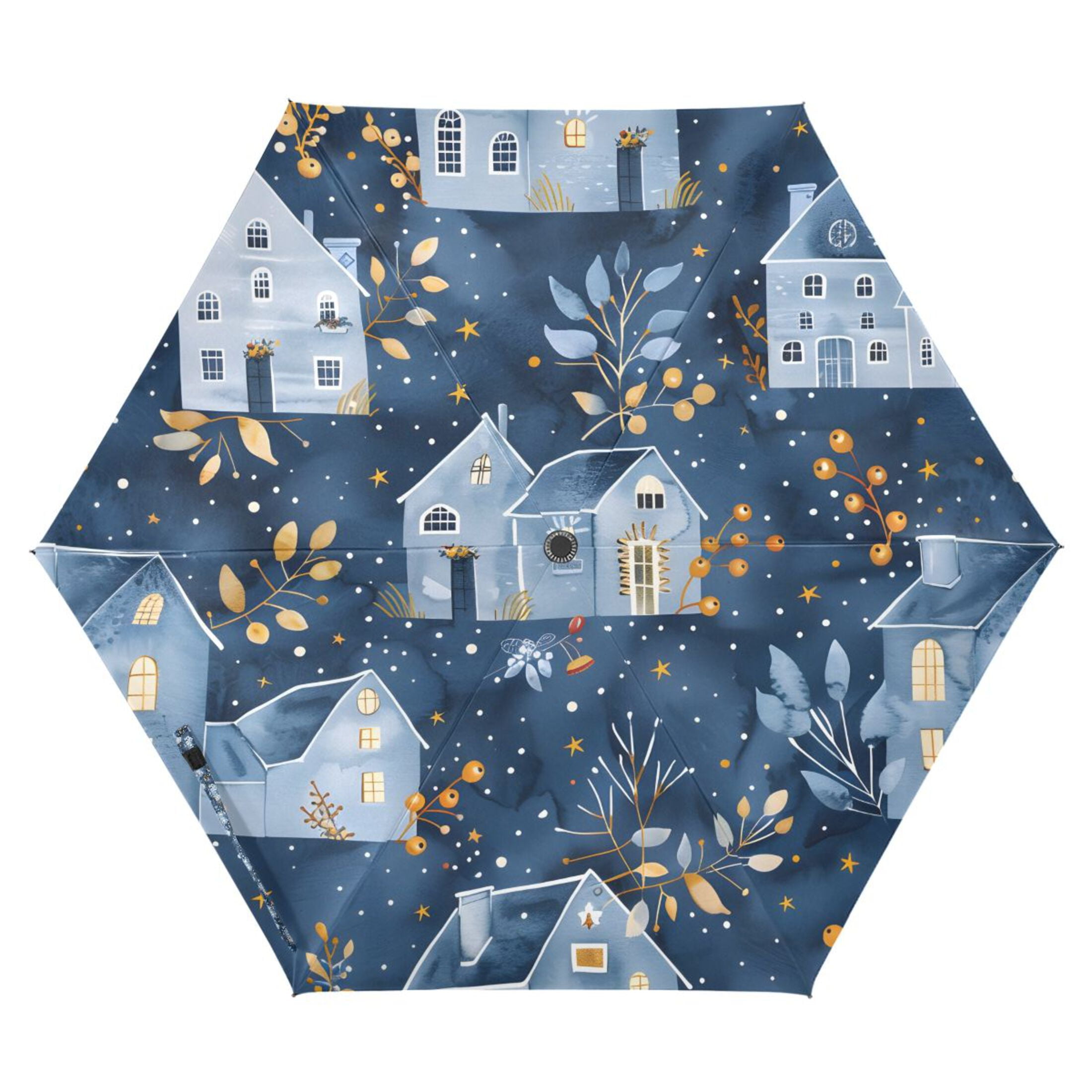 Winter Houses and Barberry Branches Compact Sun Umbrella Windproof Travel Umbrellas for Rain Strong Portable UV Protection